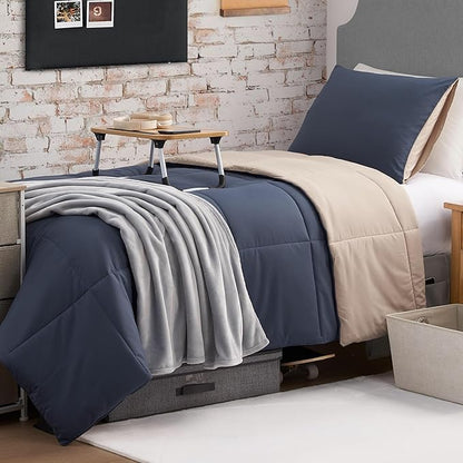 Reversible Box Stitch Comforter Set, 3-Piece Full/Queen – Navy Blue/Tan – Stylish Bedding Set