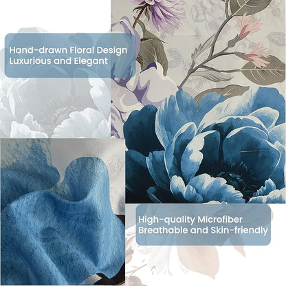 WONGS BEDDING Floral Comforter Set King Size, 7 Pieces Bed in a Bag Bedding Set, Grey and Blue Flower Comforter Soft Microfiber for All Season with Pillowcases & Shams,Sheets(90"×90")