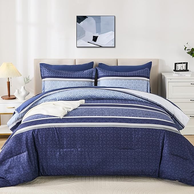 WONGS BEDDING Comforter Set King Size 7 Pieces,Navy Blue Striped Bed in a Bag Comforter and Sheet Set,Patchwork Soft Lightweight Micorfiber Bedding Set for All Seaon (90"×104")