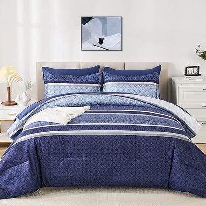 WONGS BEDDING Comforter Set King Size 7 Pieces,Navy Blue Striped Bed in a Bag Comforter and Sheet Set,Patchwork Soft Lightweight Micorfiber Bedding Set for All Seaon (90"×104")