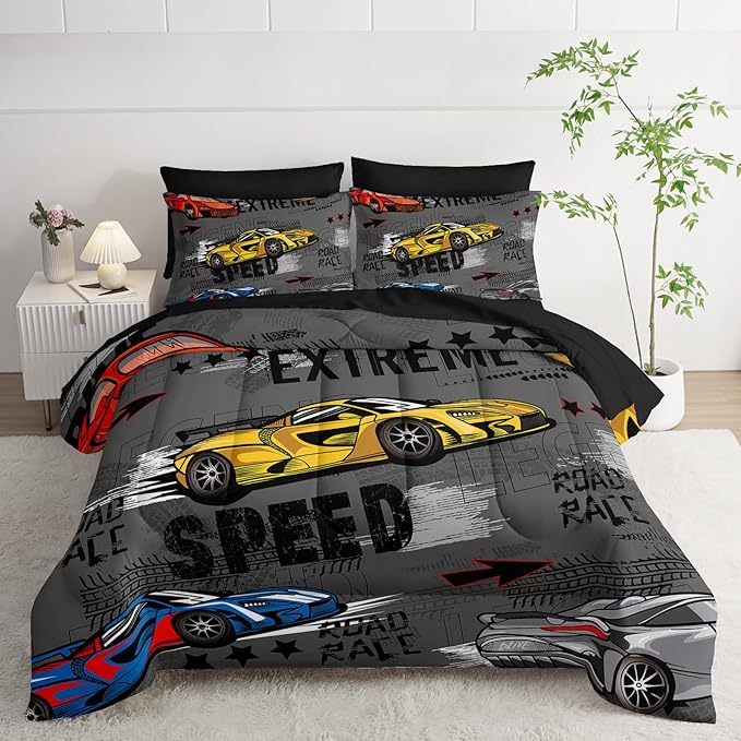 7 Piece Race Car Comforter Set with Sheets Queen Bed，Race Car Queen Bedding Sets for Boys，(1 Comforter, 1 Flat Sheet, 1 Fitted Sheet, 2 Pillowcase and 2 Pillow Sham)