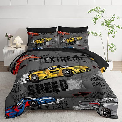 7 Piece Race Car Comforter Set with Sheets Queen Bed，Race Car Queen Bedding Sets for Boys，(1 Comforter, 1 Flat Sheet, 1 Fitted Sheet, 2 Pillowcase and 2 Pillow Sham)
