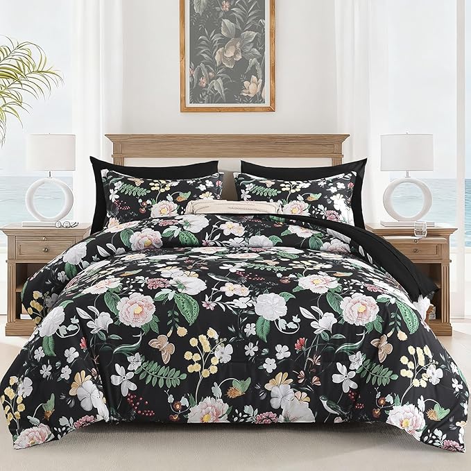 Anibedding 7Pieces Floral Queen Size Comforter Set, Garden Plant Flower Style Bed in a Bag Black White Bedding Comforter Set with Pillow Case for Bedroom