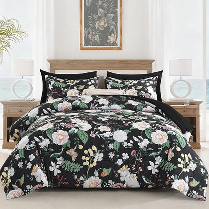 Anibedding 7Pieces Floral King Size Comforter Set, Garden Plant Flower Style Bed in a Bag Black White Bedding Comforter Set with Pillow Case for Bedroom