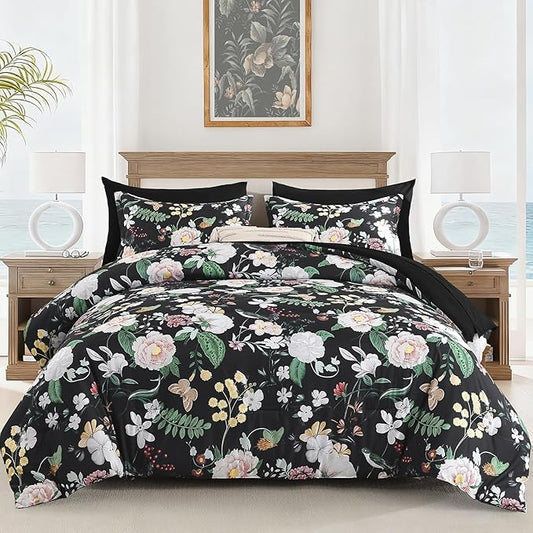 Anibedding 7Pieces Floral King Size Comforter Set, Garden Plant Flower Style Bed in a Bag Black White Bedding Comforter Set with Pillow Case for Bedroom