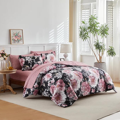 Joyreap 3pcs Floral Comforter Set Twin, Pink Flowers on Black Design, Microfiber Lightweight Bedding Comforter Set for All Season- 68x88 inches
