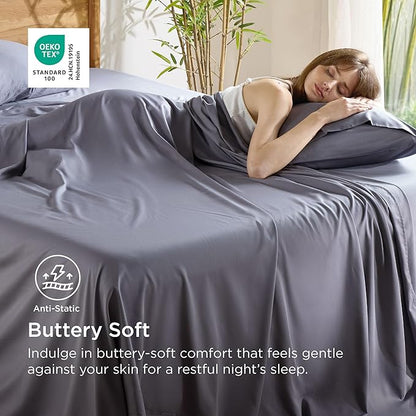 Bedsure California King Sheet Sets, Cooling Sheets, Rayon Derived from Bamboo, Breathable & Soft, Deep Pocket Up to 16 Inches, Hotel Luxury Silky Bedding for Hot Sleepers, Dark Grey
