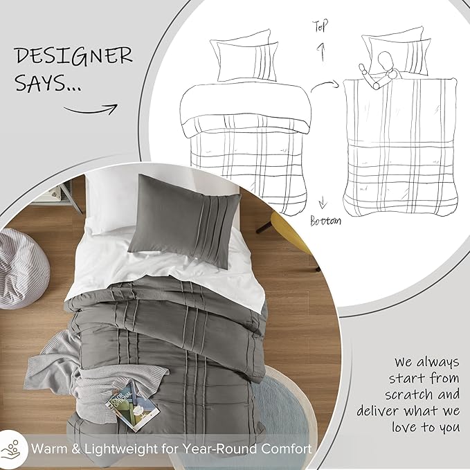 Comfort Spaces Grey Twin Size Comforter Set - 2 Pieces Pintuck Pleated Bedding Sets Twin, All Season Lightweight, Extra Softness Pre-Washed Microfiber Twin Bed Set, Shams, Twin/Twin XL