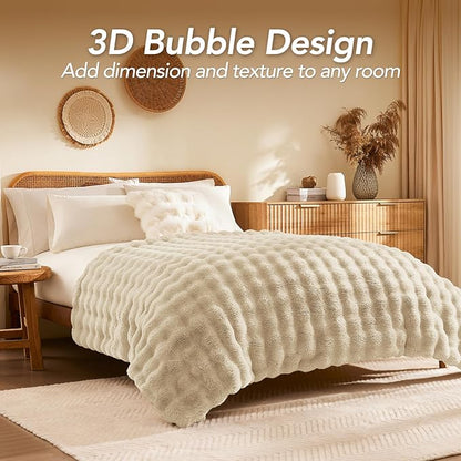 L'AGRATY Faux Rabbit Fur Blanket: 60" x 80" Twin Luxury Soft Fluffy Thick Fur Throw Blanket for Couch Bed Sofa - Cozy Plush Bubble Blankets for Winter: Flannel Fleece Decorative Blanket(Almond White)
