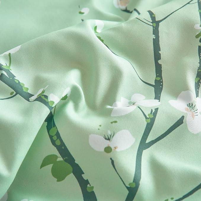 Green Comforter Sheet Set Bed in a Bag 7 Pieces Queen Size Tree Branch Bloom Flower Microfiber Reversible Bedding Set (1 Comforter 2 Pillow Shams 1 Flat Sheet 1 White Fitted Sheet 2 Pillowcases)