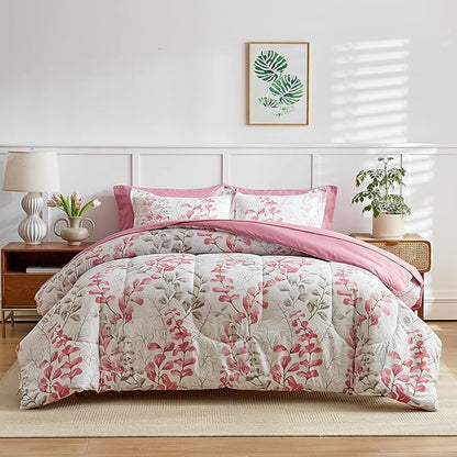 Pink Floral Comforter Sheet Set Bed in a Bag Twin Pink Gray Leaves 6 Pieces Bedding Set (1 Comforter 2 Pillow Shams 1 Flat Sheet 1 Fitted Sheet 1 Pillowcases)