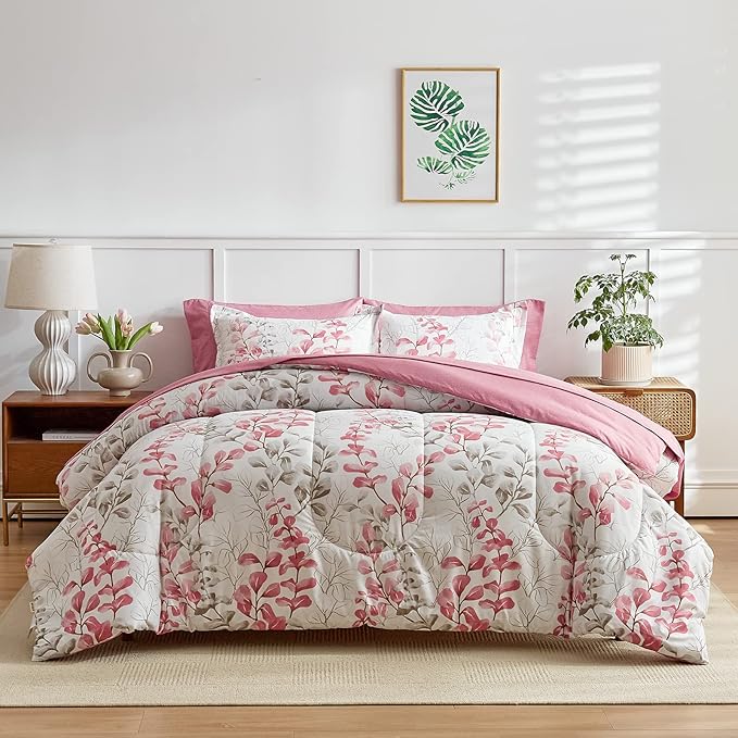 Pink Floral Comforter Sheet Set Bed in a Bag 7 Pieces Queen Size Pink Gray Flower Leaves Bedding Set (1 Comforter 2 Pillow Shams 1 Flat Sheet 1 Fitted Sheet 2 Pillowcases)