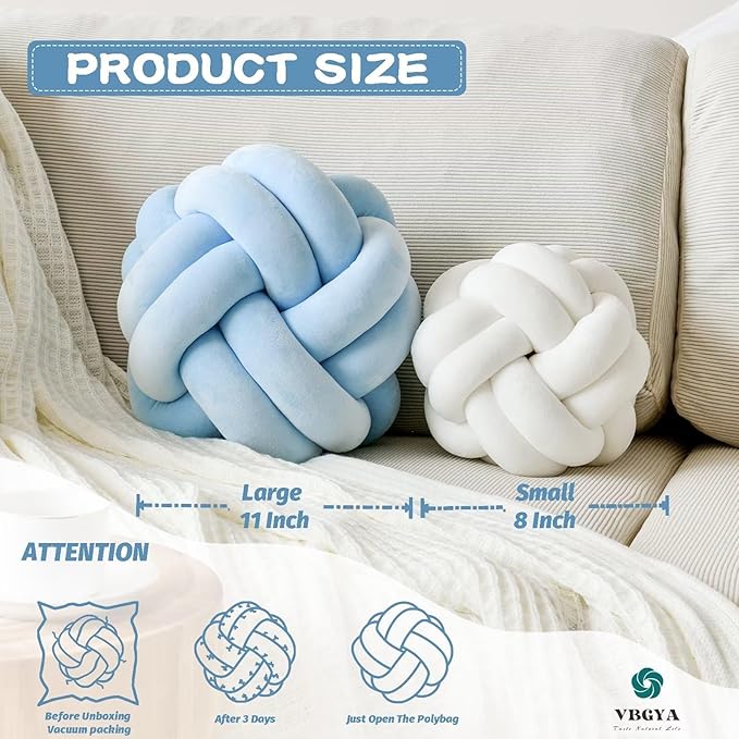 Knot Pillow Ball, Soft Home Decorative Throw Pillows Cushion, Round Changeability Knotted Pillows, Modern Home Handmade Cushions for Bedroom, Sofa, Couch (8 Inch, Light Blue)