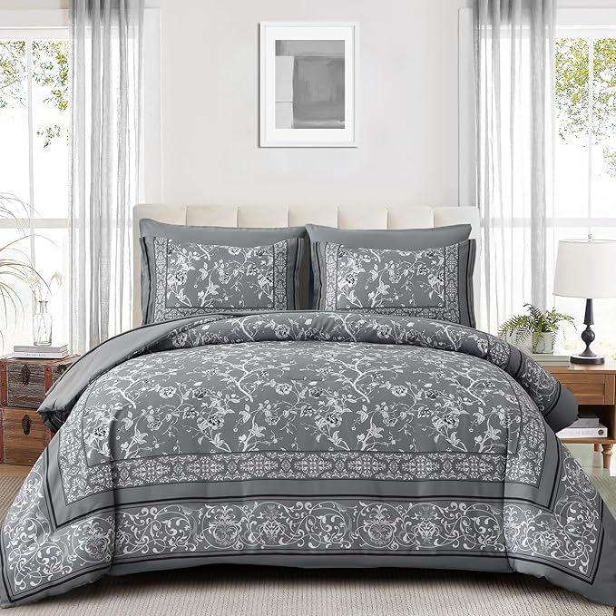 Dobuyly Grey Floral Queen Comforter Set, 7 Piece Bed in a Bag Queen Size Flowers Botanical Bedding Set, Soft Microfiber Bedding Comforter Sets with Sheets for All Season
