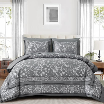 Dobuyly Grey Floral Queen Comforter Set, 7 Piece Bed in a Bag Queen Size Flowers Botanical Bedding Set, Soft Microfiber Bedding Comforter Sets with Sheets for All Season