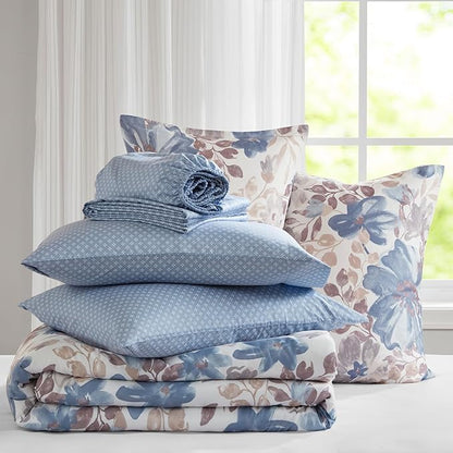 Madison Park Essentials Cal King Comforter Set & Sheets, Floral Bed in A Bag Microfiber Comforter for Cal King-Size Bed, Shabby Chic Cal King Bedding Diamond Print Sheet, Luna, Cal King, Blue 7 Piece