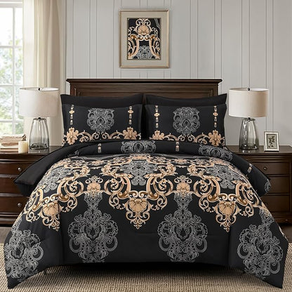 Mybedsoul 7 Pieces Black Comforter Set King Size, Gold Damask Bed in a Bag for King Bed, Lightweight Microfiber Boho Bedding Sets with Comforter, Sheet, Pillowcases & Shams for All Season(90"x104")