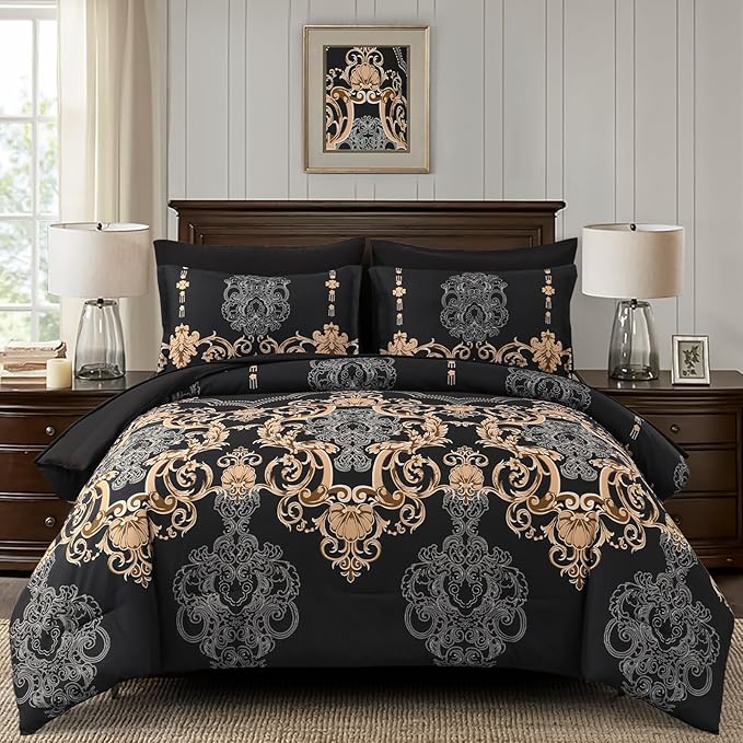 Mybedsoul Black Queen Comforter Set, 7 Pieces Gold Boho Bed in a Bag for Queen Bed, Damask Comforter with Sheets Pillowcases, Soft Microfiber Lightweight Bedding Sets for All Season(90"x90")