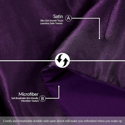 Whale Flotilla 3-Piece Reversible Silky Soft Queen Comforter Bedding Set, Luxurious Satin Comforters Full Size with 2 Satin Pillowcases, Lightweight Duvet for All Seasons, Purple