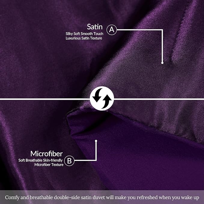 Whale Flotilla 3-Piece Reversible Silky Soft King Size Comforter Bedding Set, Luxurious Satin Comforters Oversized with 2 Satin Pillowcases, Lightweight Duvet for All Seasons, Purple