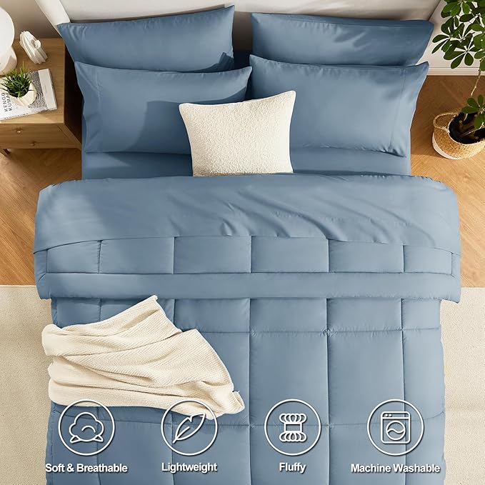 CozyLux King Size Comforter Set Mineral Blue, 7 Pieces Bed in a Bag, Blue Comforter King Size, All Season Bedding Sets with Stitch Quilted Comforter, Flat Sheet, Fitted Sheet, Pillowcases
