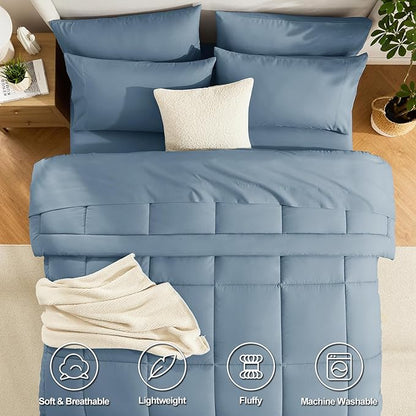 CozyLux California King Comforter Sets Mineral Blue, 7 Pieces Cal King Bed in a Bag, All Season Bedding Sets with Stitch Quilted Comforter, Flat Sheet, Fitted Sheet, Pillowcases