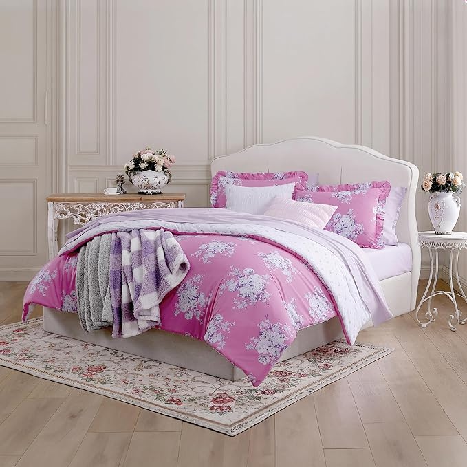 Shabby Chic® - Queen 3-Piece Comforter Set, Reversible Cotton Bedding with Matching Shams, Elegant Floral Home Decor for All Seasons (Brynn Pink, Queen)