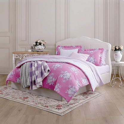 Shabby Chic® - Queen 3-Piece Comforter Set, Reversible Cotton Bedding with Matching Shams, Elegant Floral Home Decor for All Seasons (Brynn Pink, Queen)