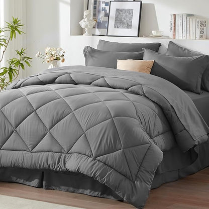 Newspin King Comforter Set Grey - Bed in a Bag King Size 8 Pieces, All Season Bed Set, Fluffy Comforter Set with Sheets, Sheet Set Quilt Blanket, Pillowcases & Shams & Bed Skirt