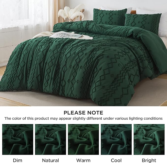 Andency King Size Comforter Set, 3 Pieces Dark Emerald Green Boho Tufted Geometric Shabby Chic Bedding, Soft Fluffy Farmhouse Bed Set, Jacquard Textured Comforter for All Season (104x90 Inch)
