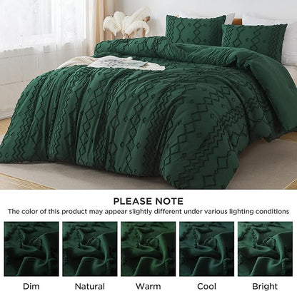 Andency King Size Comforter Set, 3 Pieces Dark Emerald Green Boho Tufted Geometric Shabby Chic Bedding, Soft Fluffy Farmhouse Bed Set, Jacquard Textured Comforter for All Season (104x90 Inch)