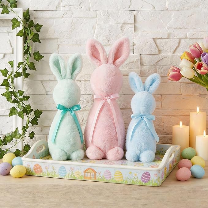 Breling 3 Pcs Easter Decoration Bunny Throw Pillow Flocked Bunny Figurine with Bow Tie 16" 13" 10" Pastel Rabbit Sitting Pillow Cute Spring Plush Decor for Sofa Couch Living Bedroom Home Office Decor