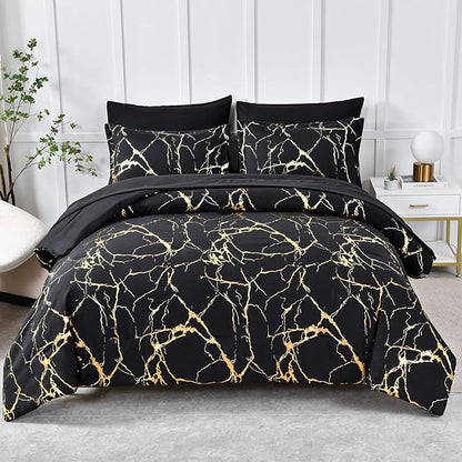 Yogeneg Gold Metallic Marble Comforter Set Queen Size,7 Piece Bed in a Bag,Foil Print Glitter Black Comforter and Sheet Set,All Season Soft Microfiber Complete Bedding Sets(Black,Queen)