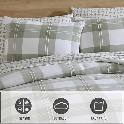 Eddie Bauer - Full/Queen Comforter Set, Premium Cotton Embroidered Bedding with Matching Sham(s), Plaid Bedding Set (Mountain Embroidery Plaid Green, Full/Queen)