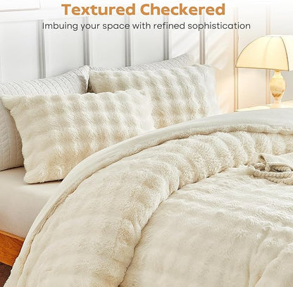 Tokokimo Fluffy Fleece Queen Size Comforter Set, Ultra Soft Reversible Heavyweight Fleece Bedding, Extra Warm Winter Comforter with 2 Pillow Cases, All Season Fuzzy Comforter Set, Beige