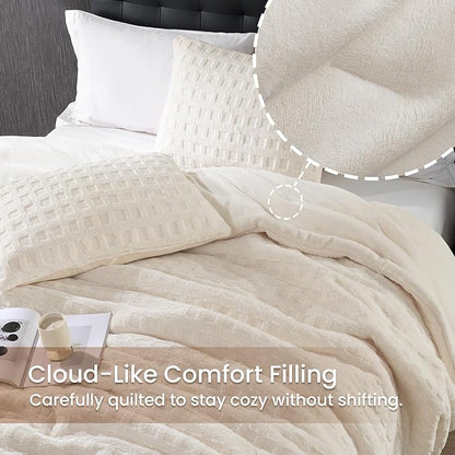 Amélie Home Waffle Comforter Queen Set, Beige Fluffy Fleece Bed Set, Super Warm Fluffy Plush Bedding Set for Winter, 3 Pieces,1 Cozy Comforter and 2 Pillowcases