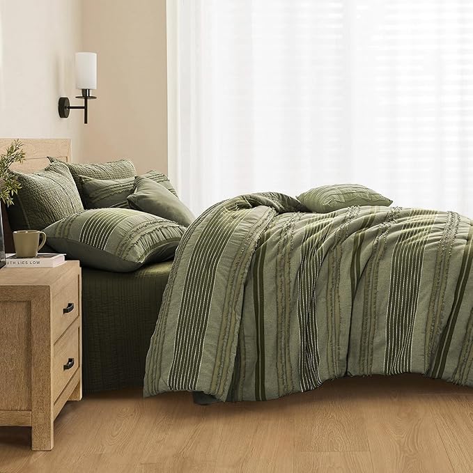 Wonderful Army Green Comforter Set Queen Size, Yarn Dyed Farmhouse Striped Cotton Lightweight Boho Comforter with Pillow Shams, Fluffy Bedding Set for All Season