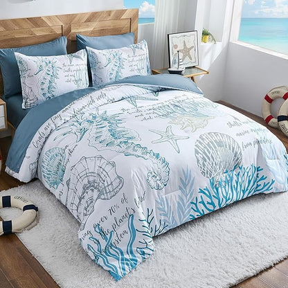 Comforter Set King Size Coastal, Beachy Themed Comforters,7 Pieces Ocean Bed in a Bag Nautical Bedding Seahorse Sea Shell with Sheets for All Season
