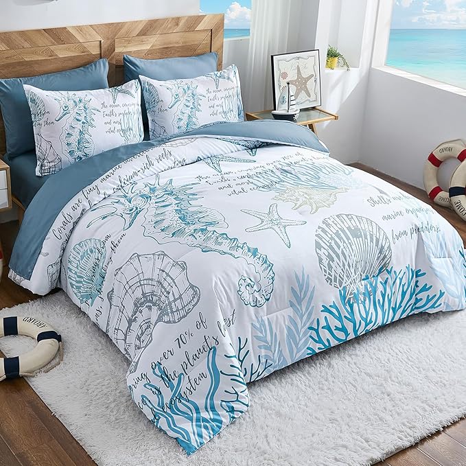 Coastal Comforter Set Queen, Beachy Themed Comforters,7 Pieces Ocean Bed in a Bag Nautical Bedding Seahorse Sea Shell with Sheets for All Season