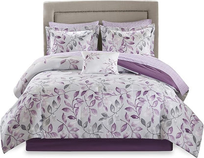 Madison Park Essentials Cozy Bed In A Bag Comforter with Complete Cotton Sheet Set - Trendy Floral Design All Season Cover, Decorative Pillow, Twin(68"x86"), Leaf Purple 9 Piece