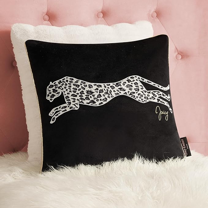 Juicy Couture Reversible Velvet Cheetah Pillow, 18" x 18" Decorative Pillow, Black