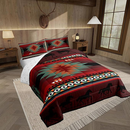 Feelyou Red Black Western Comforter Set Southwestern Aztec Toddler Size Bedding Set for Kids Boys Girls Western Horse Comforter Soft Microfiber Boho Geometric Bedroom Decor
