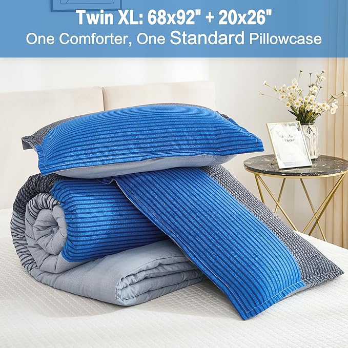 Litanika Blue Grey Comforter Set Twin XL - 2 Pieces Lightweight Pumpkin White Colorblock Stripe Fluffy Bedding Comforter Sets, All Season Bed Set