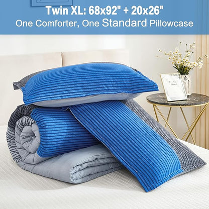 Litanika Blue Grey Comforter Set Twin XL - 2 Pieces Lightweight Pumpkin White Colorblock Stripe Fluffy Bedding Comforter Sets, All Season Bed Set