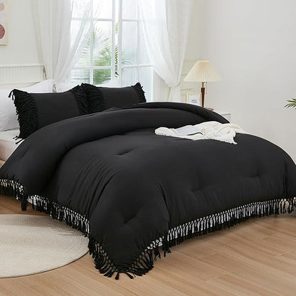 Andency Black Comforter Set California King, 3 Pieces Boho Tassel Lightweight Soft Bedding Comforter Sets for King Bed, All Season Fluffy Fringe Bed Set (104x96In Comforter & 2 Pillowcases)