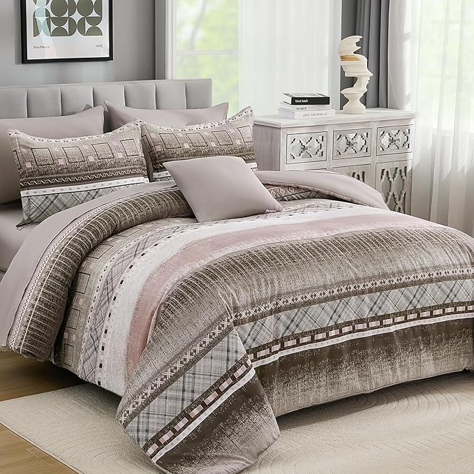 WONGS BEDDING Queen Size Comforter Set 8 Piece, Texture Striped Bed in a Bag Brown Comforter and Sheet Set, Boho Lightweight Microfiber Bedding Set for All Season (90"×90")
