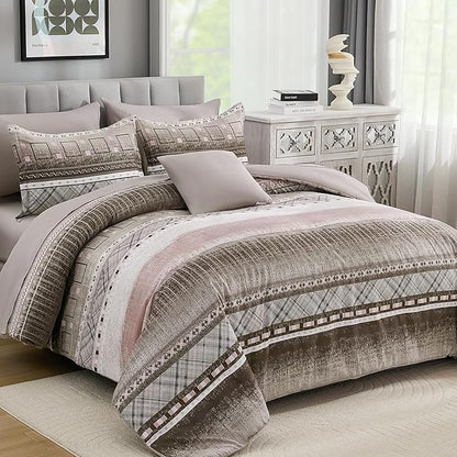 WONGS BEDDING Queen Size Comforter Set 8 Piece, Texture Striped Bed in a Bag Brown Comforter and Sheet Set, Boho Lightweight Microfiber Bedding Set for All Season (90"×90")