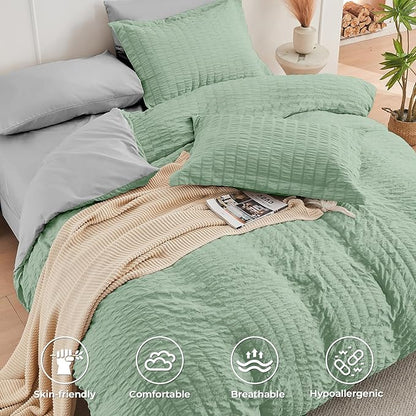 HYMOKEGE Sage Green/Light Grey Full Size Comforter Sets Seersucker 7 Pieces, All Season Luxury Bed in a Bag for Bedroom, Bedding Set with Comforter, Sheets, Pillowcases & Shams