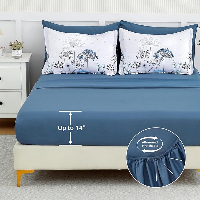 Yiran 7 Piece Blue Dandelion Botanical Comforter Set Queen Size, Floral Plant Comforter Bedding Set, Bed in a Bag Queen, Soft Microfiber Complete Bedding Set with Sheets for All Season