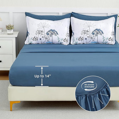 Yiran 7 Piece Blue Dandelion Botanical Comforter Set Queen Size, Floral Plant Comforter Bedding Set, Bed in a Bag Queen, Soft Microfiber Complete Bedding Set with Sheets for All Season